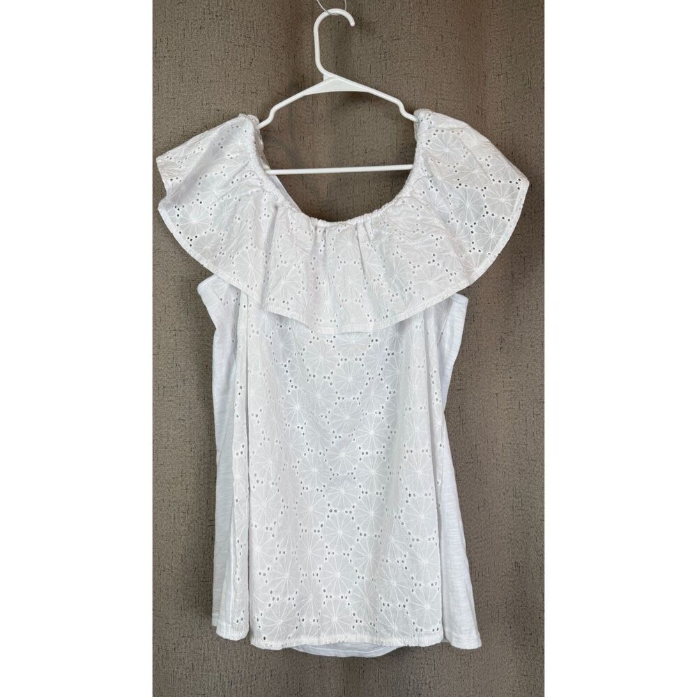 BY Design White Eyelet Off Shoulder Ruffle Top | XL - Picture 3 of 4